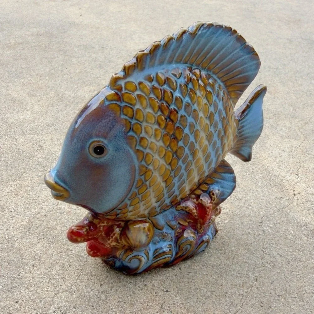 VTG Tropical Fish Figurine Blue Glazed Ceramic Coastal Beach House Decor 4.5